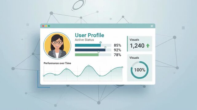 female user profile interface is displayed on computer screen featuring status progress bars against digital network node background