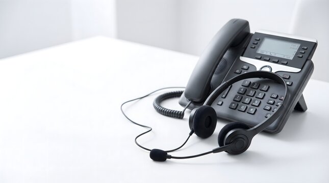 Office landline phone and headset on white desk with copy space
