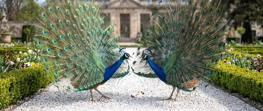 Peacocks in Display: Two vibrant male peacocks showcase their magnificent train of iridescent feathers in a stunning display of courtship.