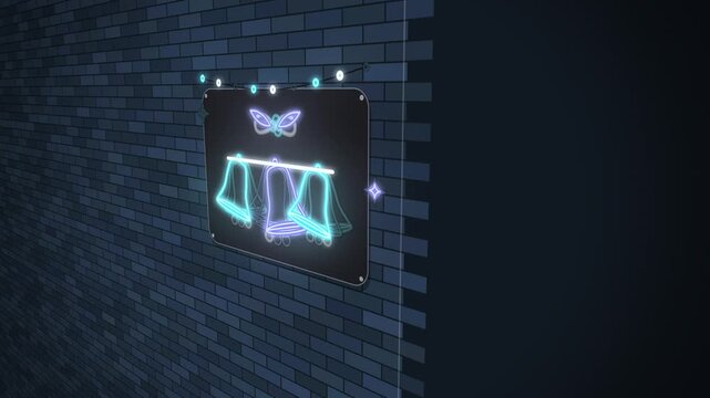Neon christmas jingle bells with holly bow sign flickering angled view