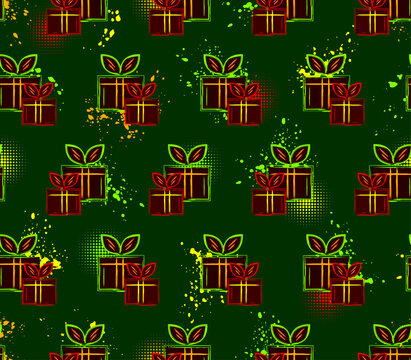 Seamless neon pattern with pair of gift boxes, splattered fluorescent paint, halftone circular shape. Geometric alternating, staggered arrangement of icons. Grunge graffiti like style