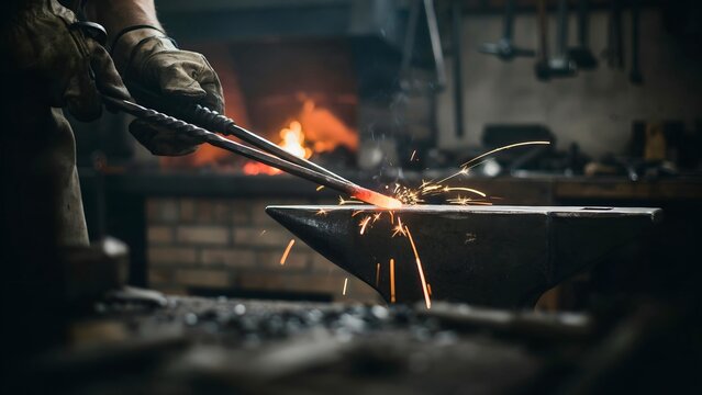 Skilled blacksmith forging heated metal with sparks flying in industrial workshop