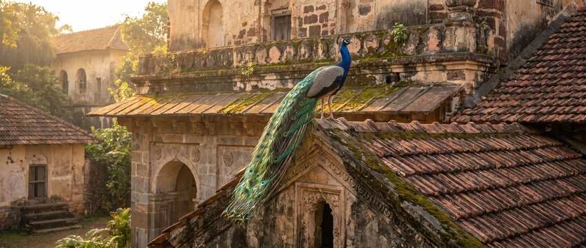 Majestic Peacock on Ruined Rooftop: A vibrant peacock with iridescent plumage and a long, flowing tail perches regally atop the weathered tile roof of an ancient, crumbling building.