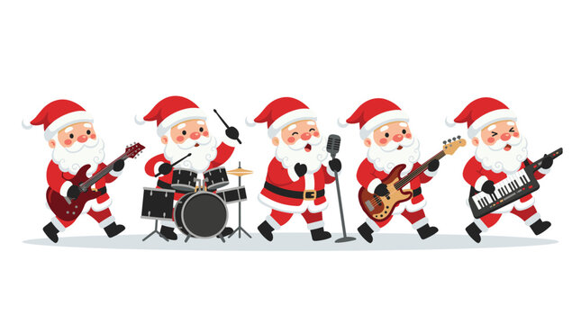 Santa Claus Rock Band Illustration with Five Festive Characters Playing Musical Instruments Including Electric Guitar, Drums, Bass, and Keytar in a Cute Flat Vector Style
