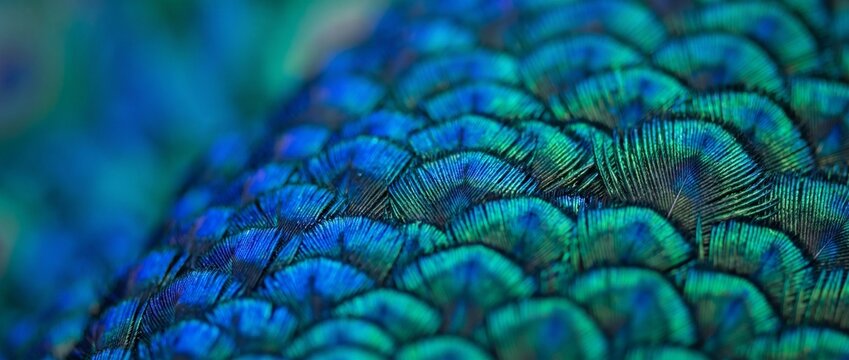 Macro View of Peacock Feather: An extreme close-up shot reveals the intricate, iridescent patterns of a peacock feather, showcasing vibrant blues and greens in stunning detail.