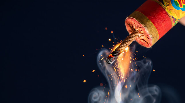 Closeup of burning fuse of red firecracker with sparks and smoke on dark background, festival fireworks celebration and danger concept