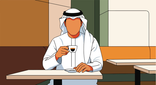 Man in traditional attire enjoys coffee in a modern setting