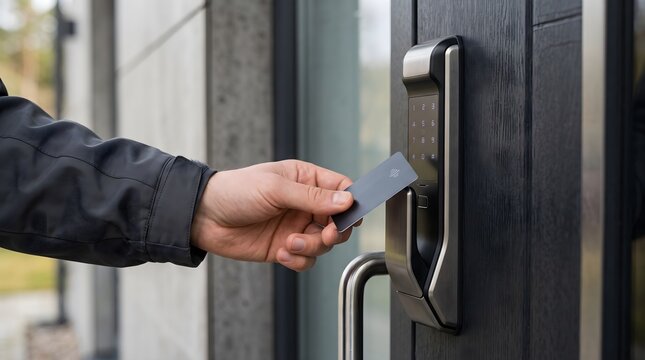 Hand holding contactless keycard near digital keypad door lock