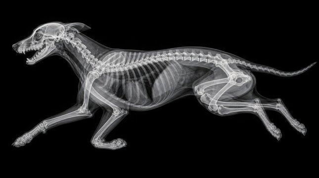 X-ray image showing the complete skeletal structure of a dog in a running pose against a black background.