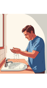 Man washing hands at sink in bathroom