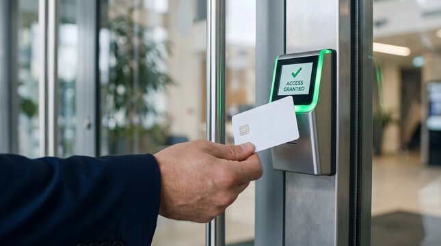 Hand holding smart card at door reader displaying access granted