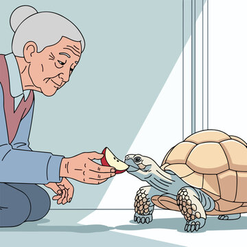 Woman feeding apple to a turtle