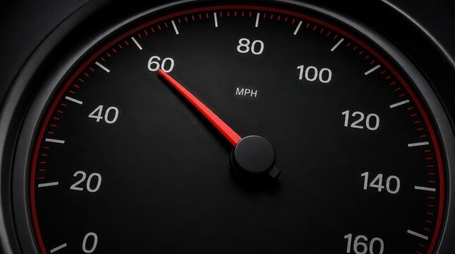 A close-up image of a car speedometer indicating approximately 60 miles per hour on a black background with red and white markings.