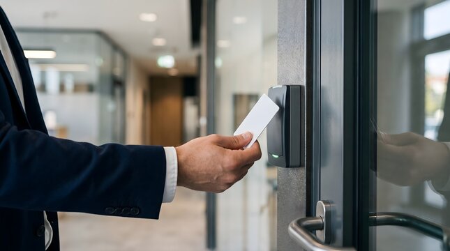 Businessperson scanning white access keycard on office door reader
