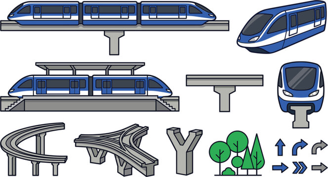 Blue Monorail and Modern Sky Train Vector Icon Set with Elevated Tracks, Station Platforms, Directional Arrows, and Trees for Transit Layout Designs