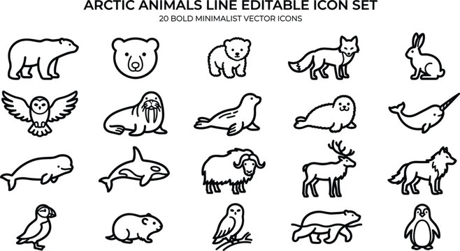 Arctic Animals Line Editable Icon Set, 20 Bold Minimalist Vector Icons, Animal Illustration, Graphic Design