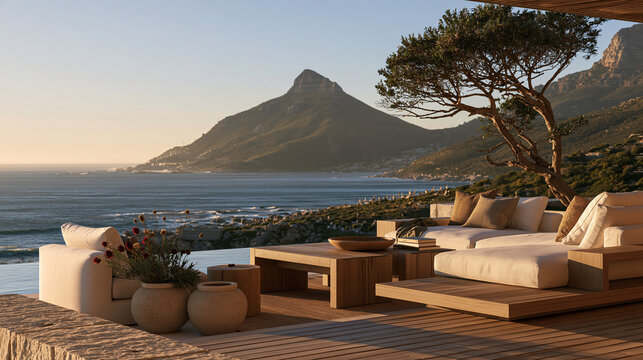 Contemporary Cape Town boutique hotel terrace overlooking rugged Atlantic coast showcasing quiet luxury biophilic hospitality design