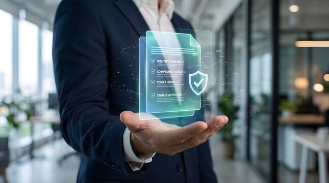 Businessman holding glowing compliance check and policy audit hologram