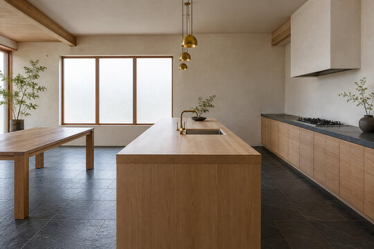 Japanese minimalist kitchen with hinoki wood island and slate floor