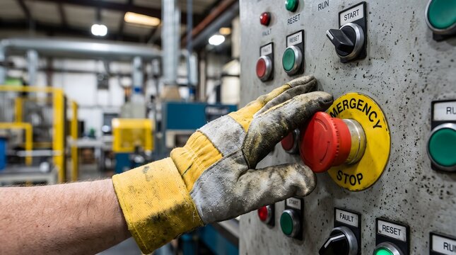 Worker pressing emergency stop button on industrial control panel