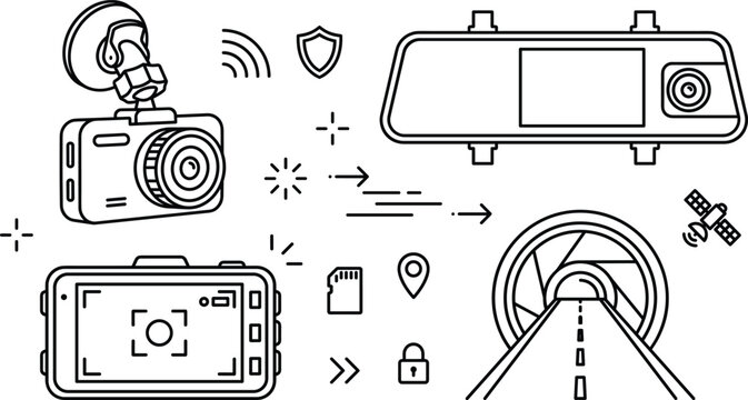 Car dash cam and rearview mirror camera outline icons vector set