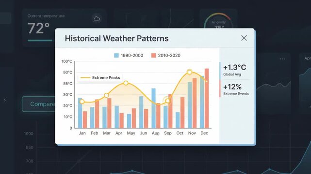 digital bar graph comparing historical weather patterns displayed in popup window over dark interface showing various environmental data analytics and climate statistics in the background