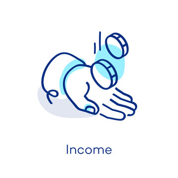Linear income icon in isometric view, featuring a decorative curved line with a colorful accent. Symbol representing salary, earnings, pay and revenue.