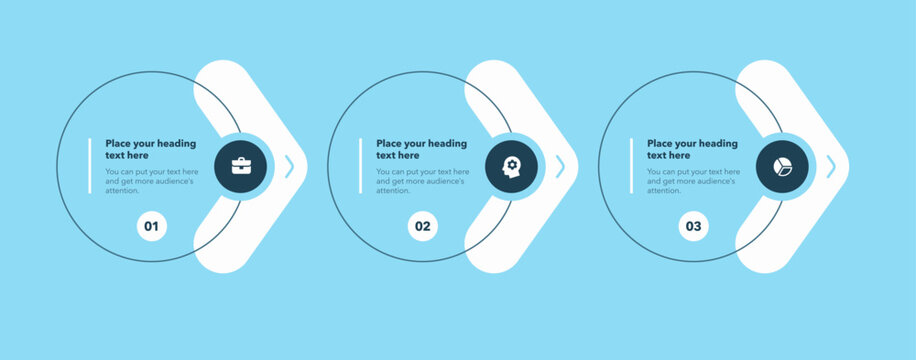Three-step horizontal process infographic template featuring arrow-shaped elements, circular shapes, icons, and text labels. Ideal for workflows, business processes, and step-by-step presentations.