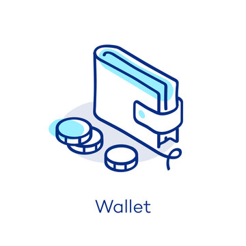 Linear wallet icon in isometric view, featuring a decorative curved line with a colorful accent. Symbol representing cash, money, finance and payment.