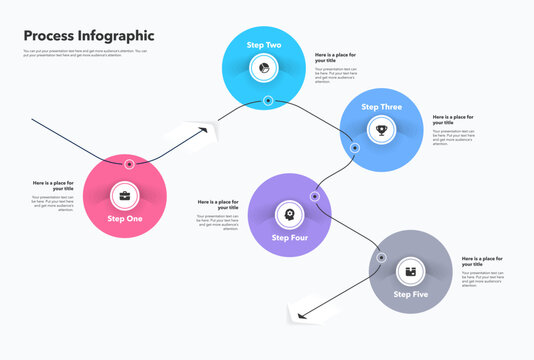 Five-step process infographic template featuring colorful circles along a curved path, with icons and labels. Ideal for workflows, business processes, project planning, and presentations.