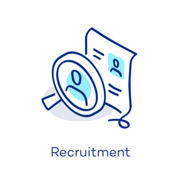 Linear recruitment icon in isometric view, featuring a decorative curved line with a colorful accent. Symbol representing employee, hire, staff and resume.