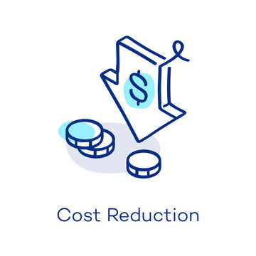Linear cost reduction icon in isometric view, featuring a decorative curved line with a colorful accent. Symbol representing value, reduction, decrease and low cost.