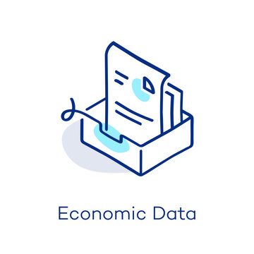 Linear economic data icon in isometric view, featuring a decorative curved line with a colorful accent. Symbol representing report, analytics, statistics and summary.
