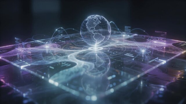 A futuristic translucent holographic interface floating in a dark room, showing
abstract data visualizations, rotating wireframe globe, thin cyan lines connecting
data points, subtle reflections