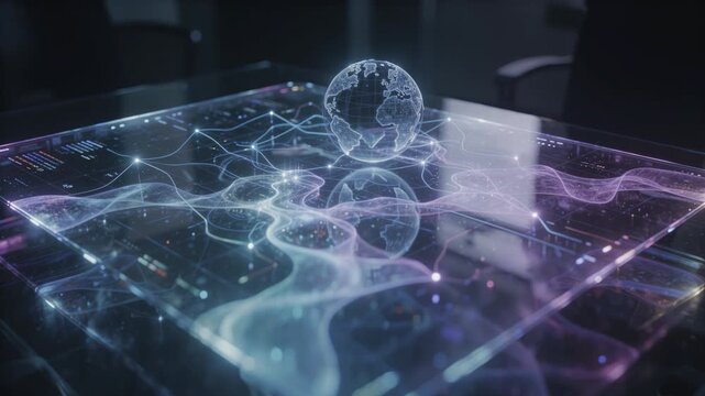 A futuristic translucent holographic interface floating in a dark room, showing
abstract data visualizations, rotating wireframe globe, thin cyan lines connecting
data points, subtle reflections