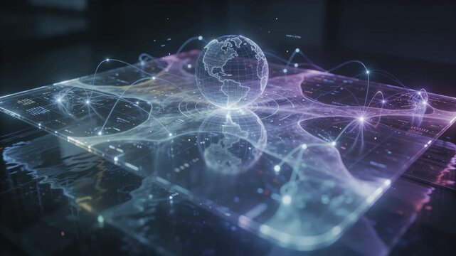 A futuristic translucent holographic interface floating in a dark room, showing
abstract data visualizations, rotating wireframe globe, thin cyan lines connecting
data points, subtle reflections