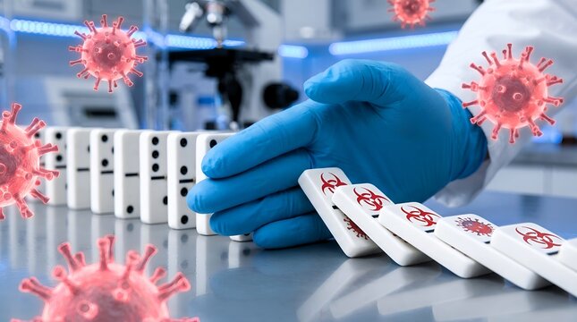 Scientist wearing blue medical gloves stops falling domino tiles marked with biohazard symbols inside laboratory setting