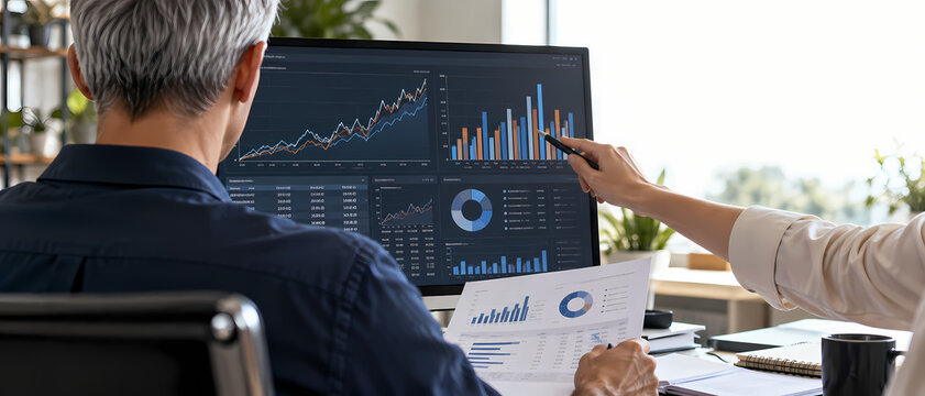 A business colleague points to blue and orange financial charts on a monitor while a seated man reviews printed reports in an office as they analyze performance data and discuss strategic planning