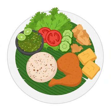 Flat illustration of Indonesian nasi tutug oncom rice dish with fried chicken, fried tofu and green chili sambal served on banana leaf