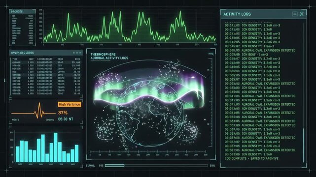 Futuristic digital interface displaying thermosphere auroral activity logs with glowing planet Earth visualization and data graphs on dark high-tech background