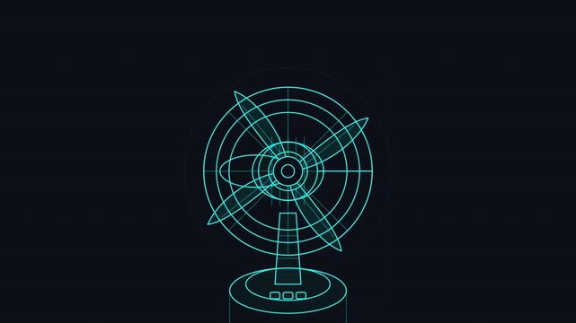 Neon Blueprint Animation of Rotating Electric Fan Blades