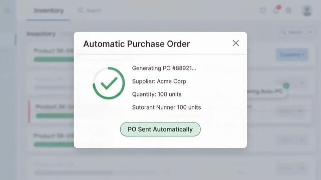 Automated purchase order triggering in digital inventory management dashboard interface with software tracking stock levels and reorder points on computer screen in professional background