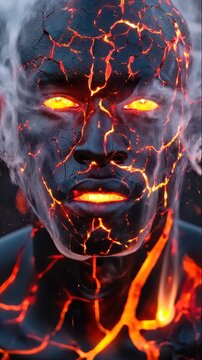 Surreal portrait of a phoenix man with skin deeply cracked as cooling lava. Intense, molten magma glows from within the fissures, while wisps of smoke rise from his head. Dark and powerful background