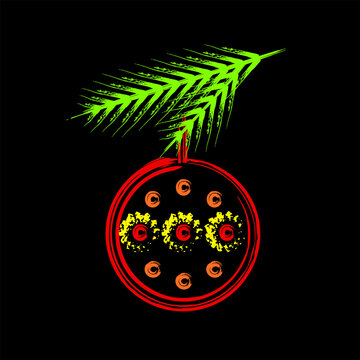 Christmas ball, bauble on fir branch stylized in grunge style. Contour line in vibrant neon colors. Illustration isolated on black for Christmas, new year holiday, gift decoration.