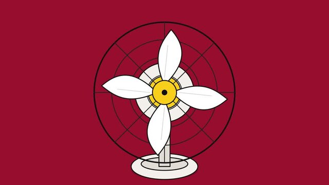 Animated electric fan assembly with white blades on red background