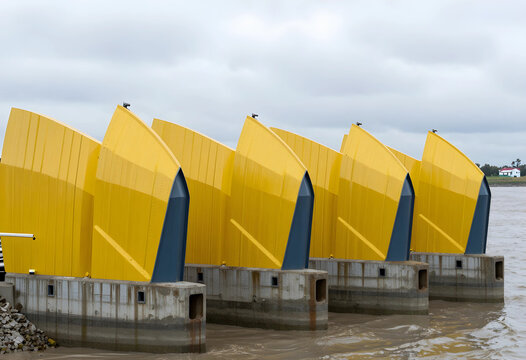 Flood control and water management, yellow storm surge barriers on concrete foundations in a river for coastal protection and climate change adaptation