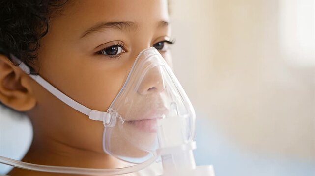 Child calmly waits as receiving respiratory therapy with a nebulizer mask. Dense white medicinal mist and vapor escapes from the device, highlighting routine pediatric medical care at home or clinic