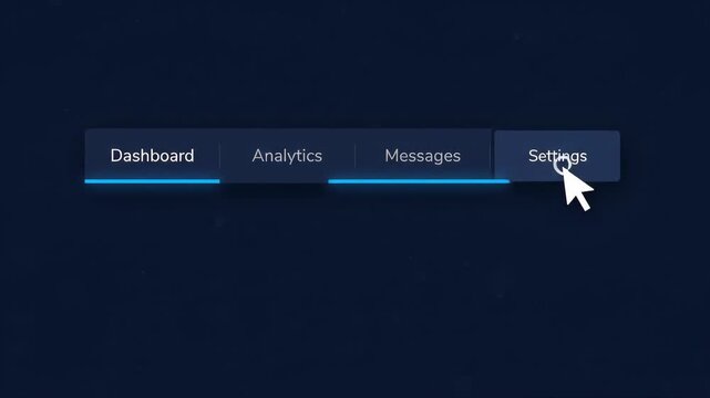 computer mouse cursor clicks the analytics button on dark navigation menu bar set against solid deep blue background