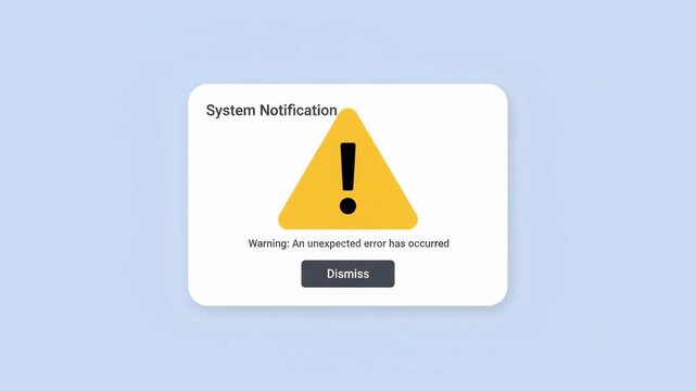system notification alert box featuring yellow warning triangle icon with black exclamation mark displayed floating against clean soft-blue digital background with hovering particles