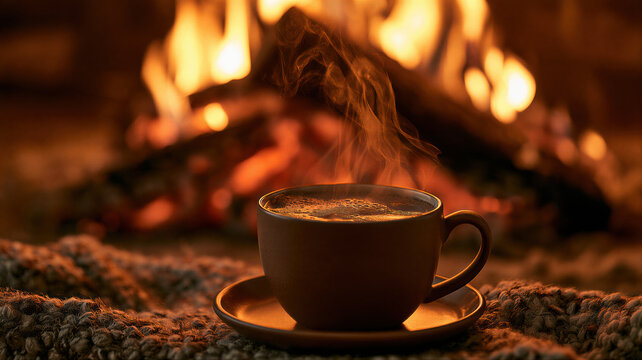 Steaming cup of hot drink on saucer beside a crackling fireplace. Cozy winter comfort and relaxation. Warm beverage for a quiet evening at home. Hygge lifestyle and seasonal warmth.
